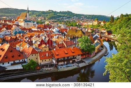 Czech Krumlov Czech Republic. View at old european town and river Vltava. Travel and landmark panorama.
