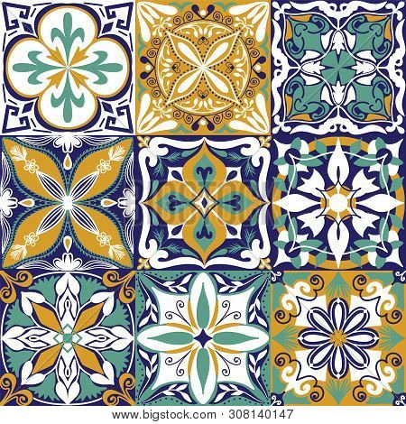 Vector Portuguese Azulejo Tiles Seamless Pattern Background.