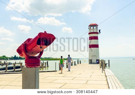Austria, Podersdorf - 07.06.2015: The Famous Lighthouse Of Podersdorf, Lake Neusiedl, Burgenland, Pe