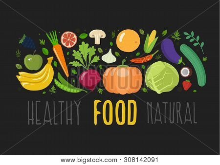 Healthy Food  Illustration With Fruits And Vegetables. Vector Illustration.