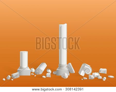 Antique Columns Of White Marble Stone Broken On Pieces, Ancient Greek City Or Roman Empire Temple, P