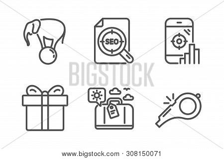 Seo File, Travel Luggage And Seo Phone Icons Simple Set. Gift Box, Elephant On Ball And Whistle Sign