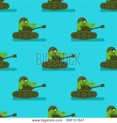 Cartoon Tank And Trooper Pattern Seamless. Childrens Soldier Background. Vector Texture. Weapon Atta