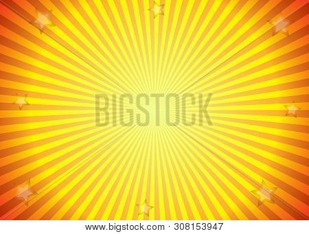 Sun Ray Horizontal Background In Yellow And Orange Colors. Decorative Design At The Edges With Star 