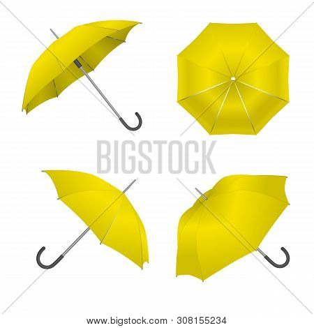 Realistic Detailed 3d Yellow Blank Umbrella Template Mockup Set. Vector