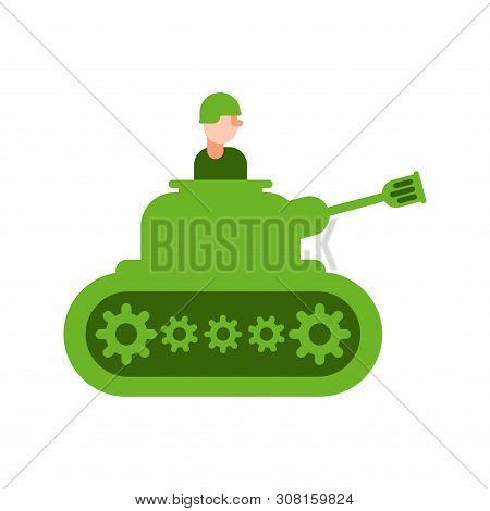 Cartoon Tank And Trooper. Childrens Soldier. Vector Illustration