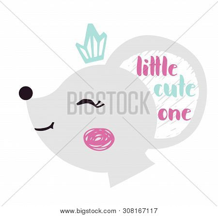 Mouse Baby Girl Face Cute Print. Sweet Animal Head With Crown And Little Cute One Nice Slogan