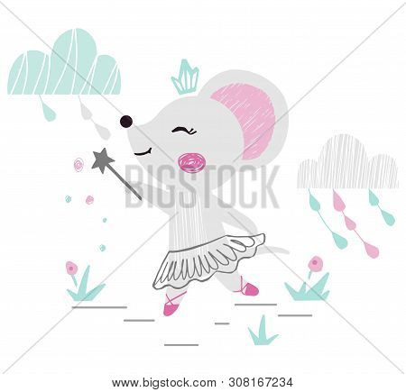 Mouse Baby Girl Cute Print. Sweet Animal With Magic Wand, Ballet Tutu, Crown, Landscape With Clouds.