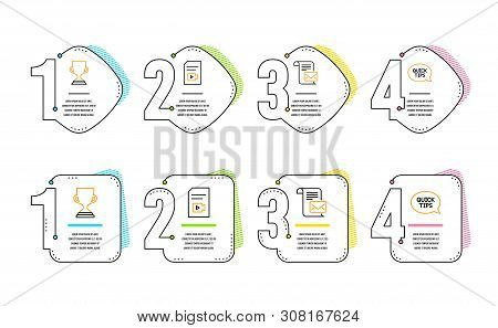 Award Cup, Video File And Mail Letter Icons Simple Set. Quickstart Guide Sign. Trophy, Vlog Page, Re