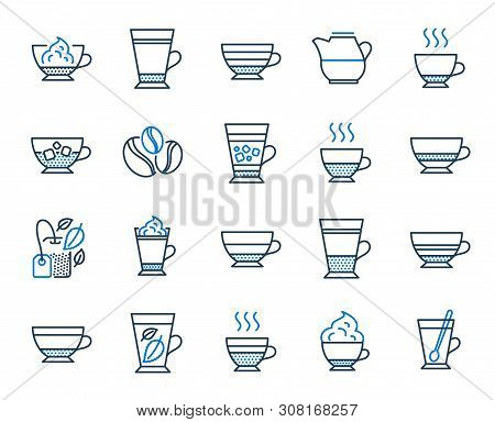 Coffee Types And Tea Icons. Set Of Latte, Frappe And Cappuccino Icons. Espresso, Doppio And Cafe Cre