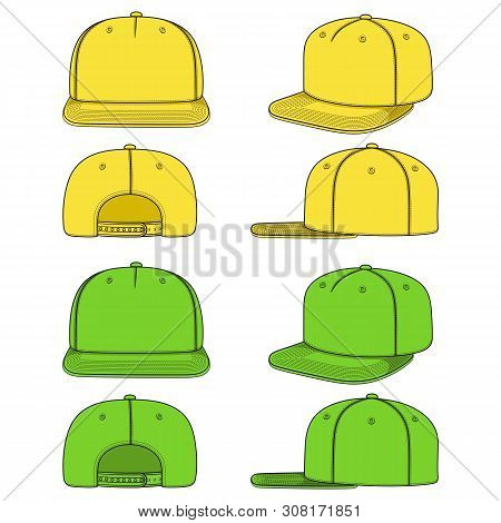 Set Of Color Images Of A Rapper Cap With A Flat Visor, Snapback. Isolated Vector Objects On White Ba