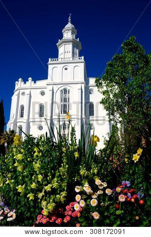 St. George Utah Mormon LDS Temple with white stone church religion