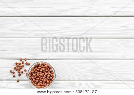 Cereals, Oatflakes And Cornflakes For Healthy Breakfast On White Wooden Background Top View Mock Up