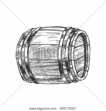 Drawn Lying Vintage Wooden Barrel Side View Vector. Monochrome Standard Barrel For Making, Storage A