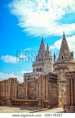 Part View Of Beautiful Famous Fisherman Bastion In Budapest, Hugary -  Towers And Old Stone Fence Ov