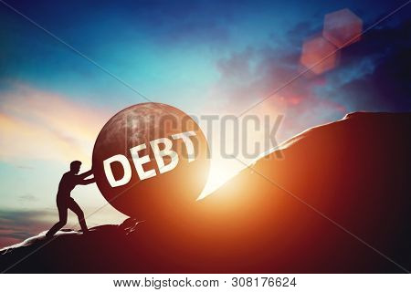 Debt problem. Man pushing huge concrete ball up hill. Financial problems concept. 3D illustration