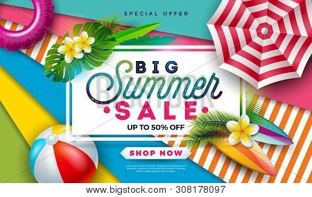 Summer Sale Design With Beach Ball, Sunshade And Exotic Palm Leaves On Colorful Background. Tropical