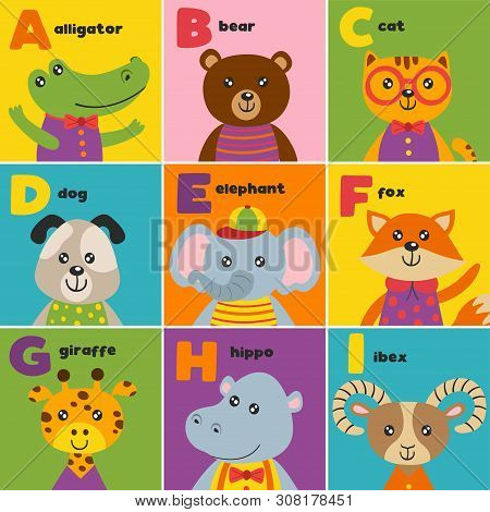 Alphabet Card With Cute Animals A To I - Vector Illustration, Eps