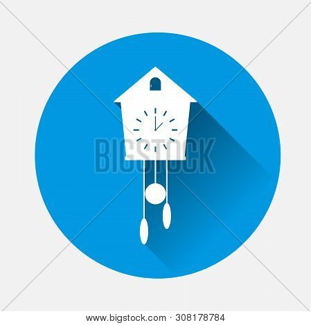 Vector Clock Icon With Cuckoo On Blue Background. Flat Image Home Appliances With Long Shadow. Layer
