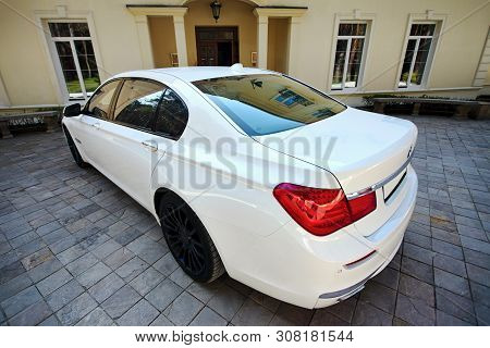 Grodno, Belarus, May 16, 2013: Modern Luxury Bmw 750li Xdrive Car Three-quarter Upper Wide View Park