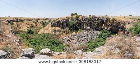 Blooming Valley With A River Flowing From The Ayit Waterfall On The Golan Heights In Israel