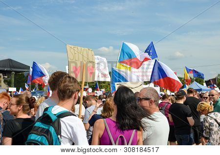 Prague, Czech Republic - June 23 2019: Crowd Of People Protests Against Prime Minister Babis And Min
