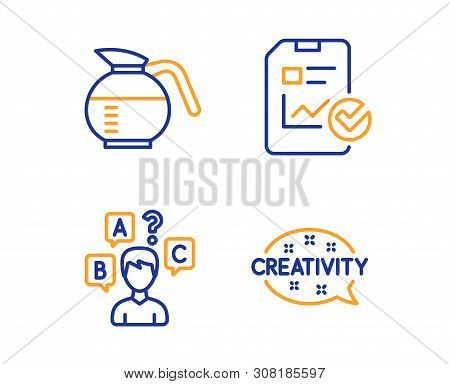 Coffeepot, Report Checklist And Quiz Test Icons Simple Set. Creativity Sign. Brewed Coffee, Sales Gr