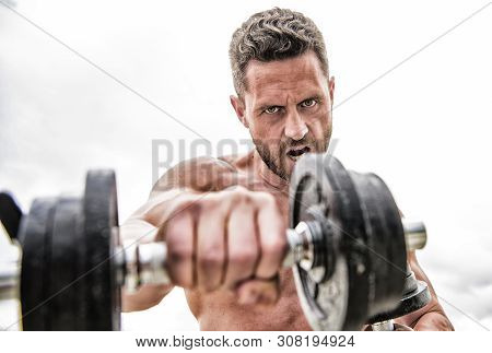 Sport Equipment. Perfect Six Pack. Muscular Man Exercising With Barbell. Athletic Body. Dumbbell Gym