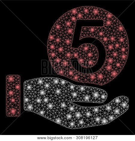 Glowing Mesh Five Cents Payment With Glitter Effect. Abstract Illuminated Model Of Five Cents Paymen