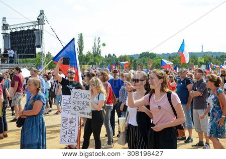 Prague, Czech Republic - June 23 2019: Crowd Of People Protests Against Prime Minister Babis And Min