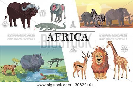 Cartoon African Animals Composition With Buffalo Monitor Lizard Monkey Zebra Elephant Rhino Leopard 