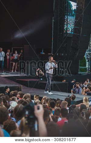 Lviv, Ukraine - June 18, 2019: Vakarchuk At Stage Talking In Microphone. Political