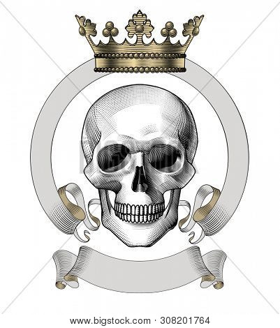 Gothic coat of arms with skull. Vintage label of human skull full face. Vintage engraving stylized drawing. 