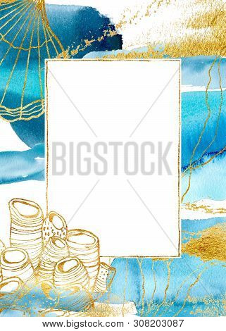 Watercolor Blue Card With Underwater Plant. Hand Painted Golden Border, Coral, Shell And Laminaria B