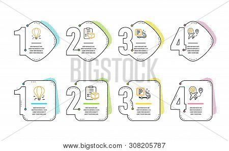 Air Balloon, Truck Parking And Parcel Checklist Icons Simple Set. Flight Sale Sign. Flight Travel, F