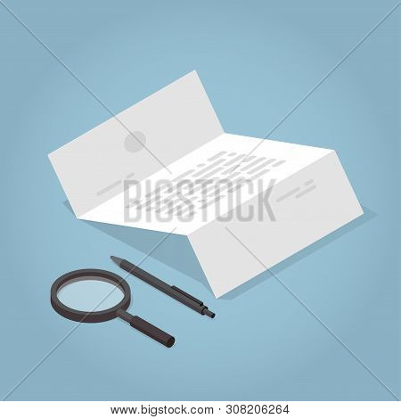 Vector Isometric Contract Concept Illustration. Unfolded Document With Pen And Magnifier.