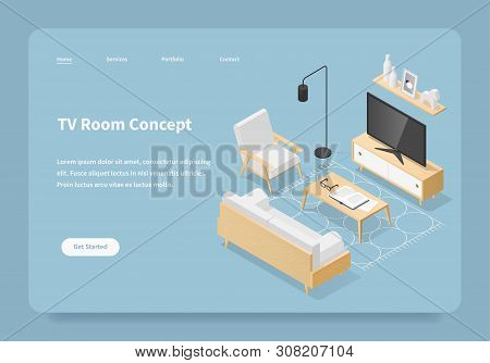 Vector Isometric Tv Room Concept Landing Page. Living Room In Mid Century Style. Sofa, Chair, Tv, Bo