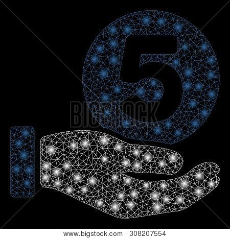 Glossy Mesh Five Cents Payment Hand With Glare Effect. Abstract Illuminated Model Of Five Cents Paym