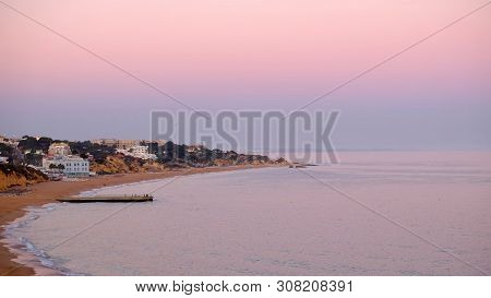 Aerial View On The Beach Albufeira On The Sunset. Region Faro, Algarve. Vacation In Portugal - Image