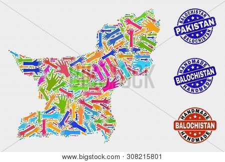 Vector Handmade Composition Of Balochistan Province Map And Unclean Stamps. Mosaic Balochistan Provi