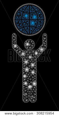 Glossy Mesh Globalist With Glare Effect. Abstract Illuminated Model Of Globalist Icon. Shiny Wire Ca