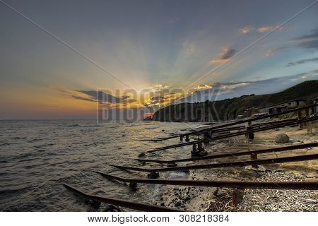 Seascape. Сunrise Over The Old Quay. Resort Sinemorets, Southern Black Sea Coast, Bulgaria.