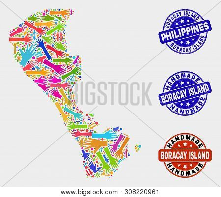 Vector Handmade Collage Of Boracay Island Map And Dirty Stamp Seals. Mosaic Boracay Island Map Is Fo
