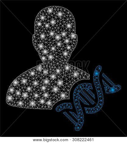 Glossy Mesh Geneticist Dna With Lightspot Effect. Abstract Illuminated Model Of Geneticist Dna Icon.