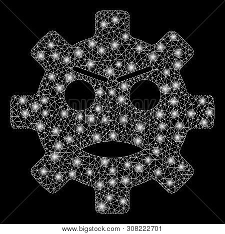 Glossy Mesh Gear Angry Smiley With Glare Effect. Abstract Illuminated Model Of Gear Angry Smiley Ico