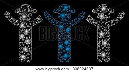Flare Mesh Gentlemen Hands Up Roundelay With Lightspot Effect. Abstract Illuminated Model Of Gentlem