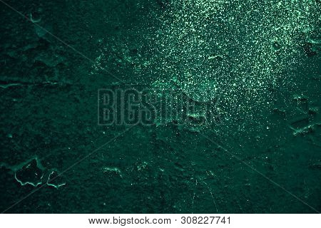 Vintage Green Background. Rough Painted Wall Of Emerald Color. Imperfect Plane Of Virid Colored. Une