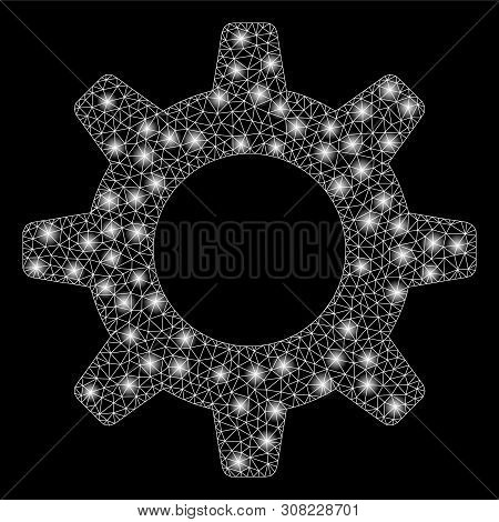 Glossy Mesh Gearwheel With Glare Effect. Abstract Illuminated Model Of Gearwheel Icon. Shiny Wire Ca