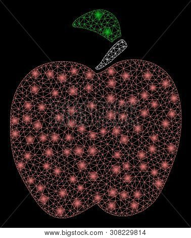 Glowing Mesh Red Apple With Lightspot Effect. Abstract Illuminated Model Of Red Apple Icon. Shiny Wi