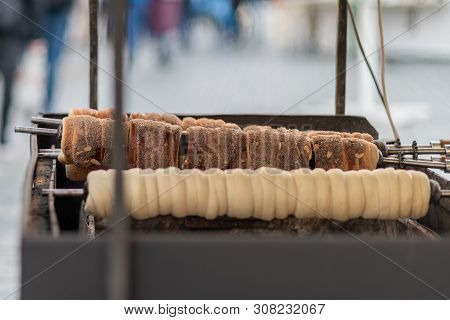 Tasty Traditional Czech Street Festival Food Called Schaumrollen Being Cooked Over An Open Fire In P